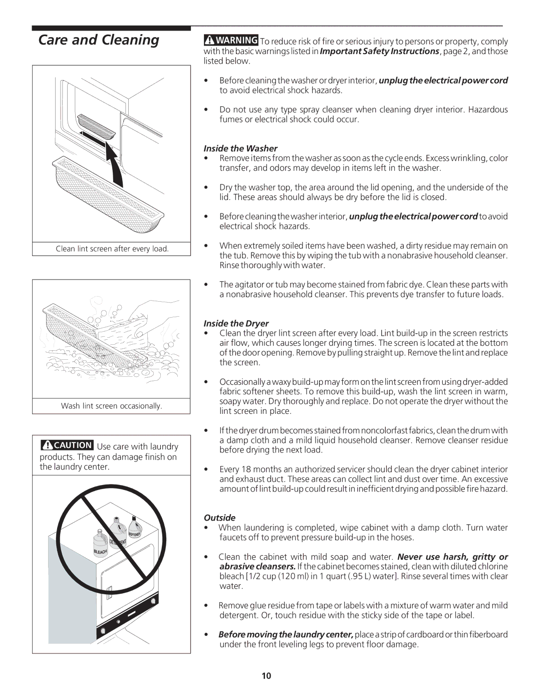 Crosley 134857400A manual Care and Cleaning, Inside the Washer, Inside the Dryer, Outside 