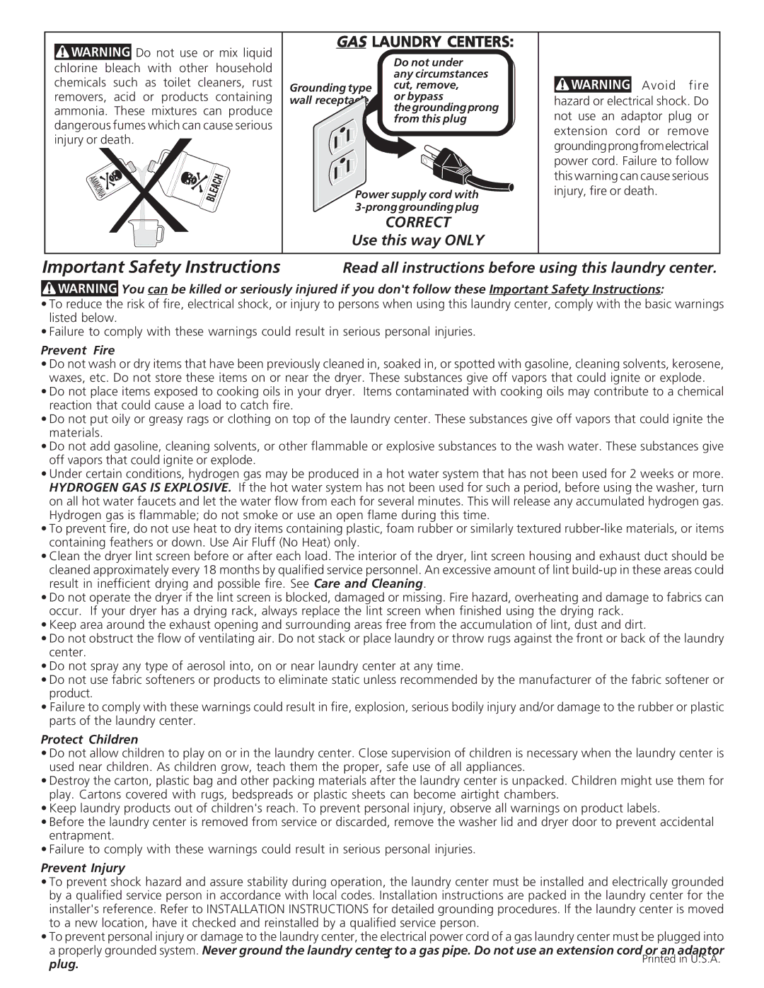 Crosley 134857400A Read all instructions before using this laundry center, Prevent Fire, Protect Children, Prevent Injury 