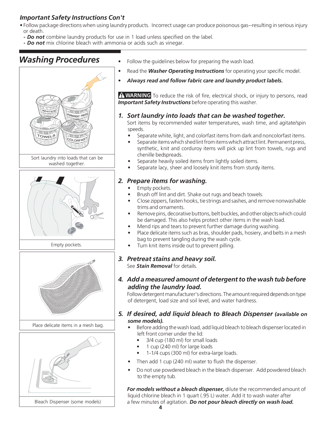 Crosley 134857400A Washing Procedures, Important Safety Instructions, Sort laundry into loads that can be washed together 