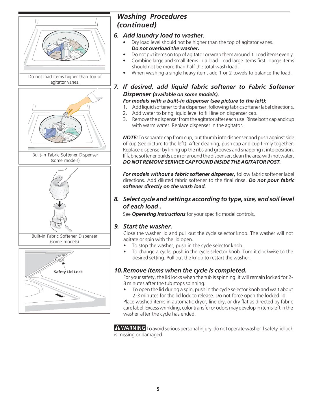 Crosley 134857400A manual Add laundry load to washer, Start the washer, Remove items when the cycle is completed 