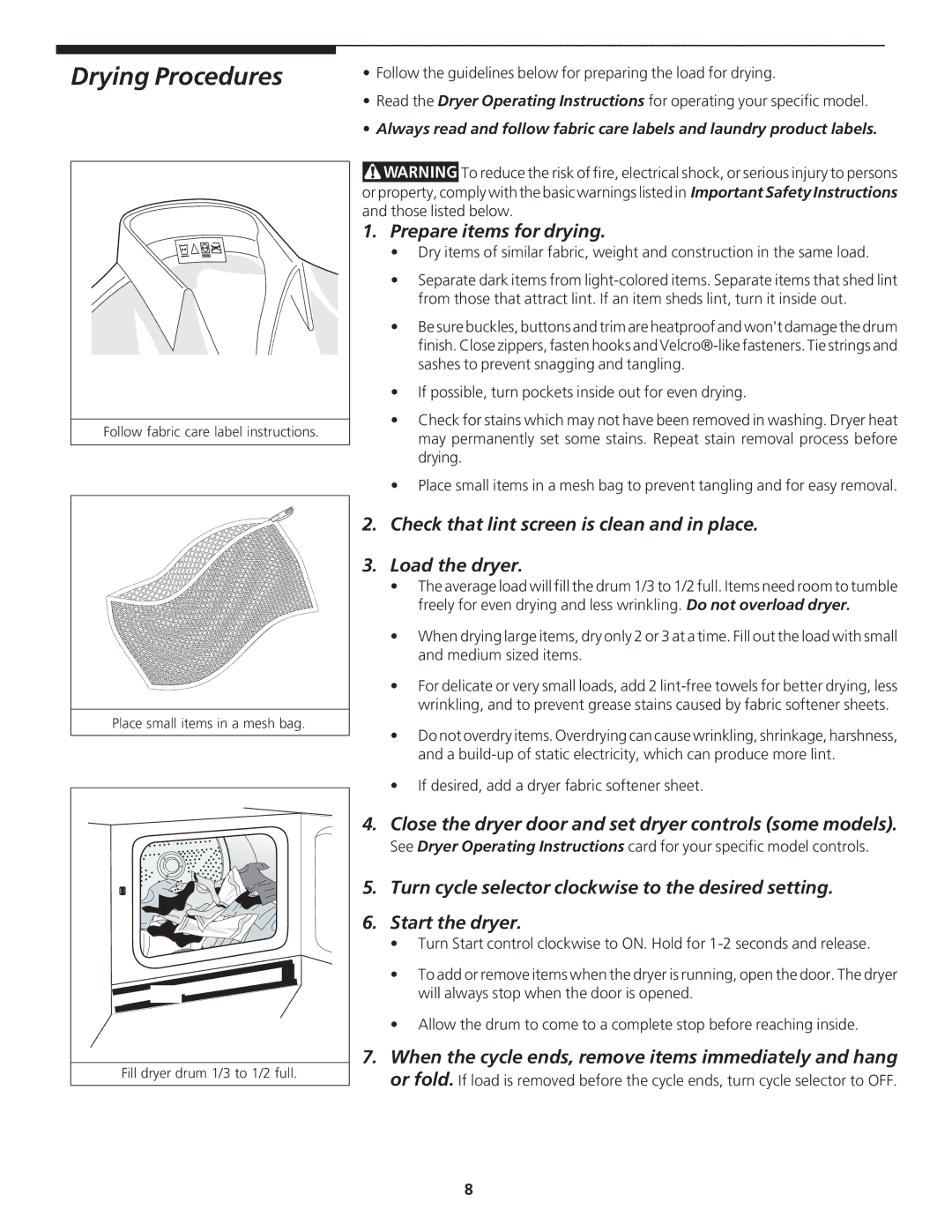 Crosley 134857400A Drying Procedures, Prepare items for drying, Close the dryer door and set dryer controls some models 