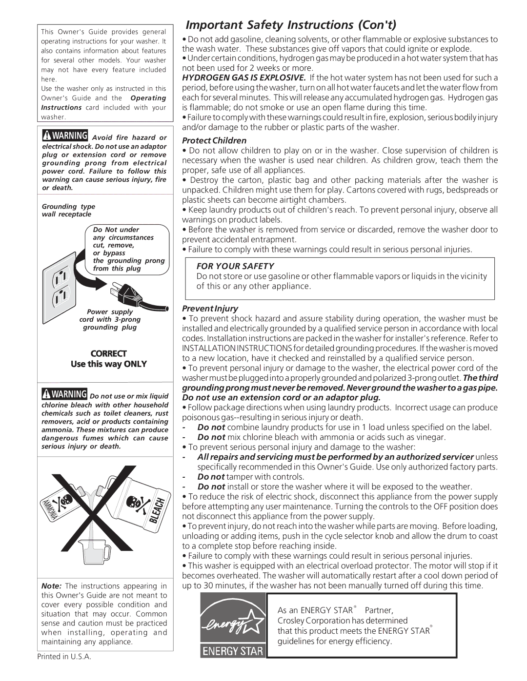 Crosley 134857900 manual Protect Children, For Your Safety, Prevent Injury 