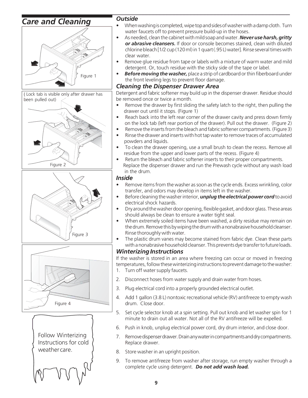 Crosley 134857900 manual Care and Cleaning, Outside, Cleaning the Dispenser Drawer Area, Inside, Winterizing Instructions 