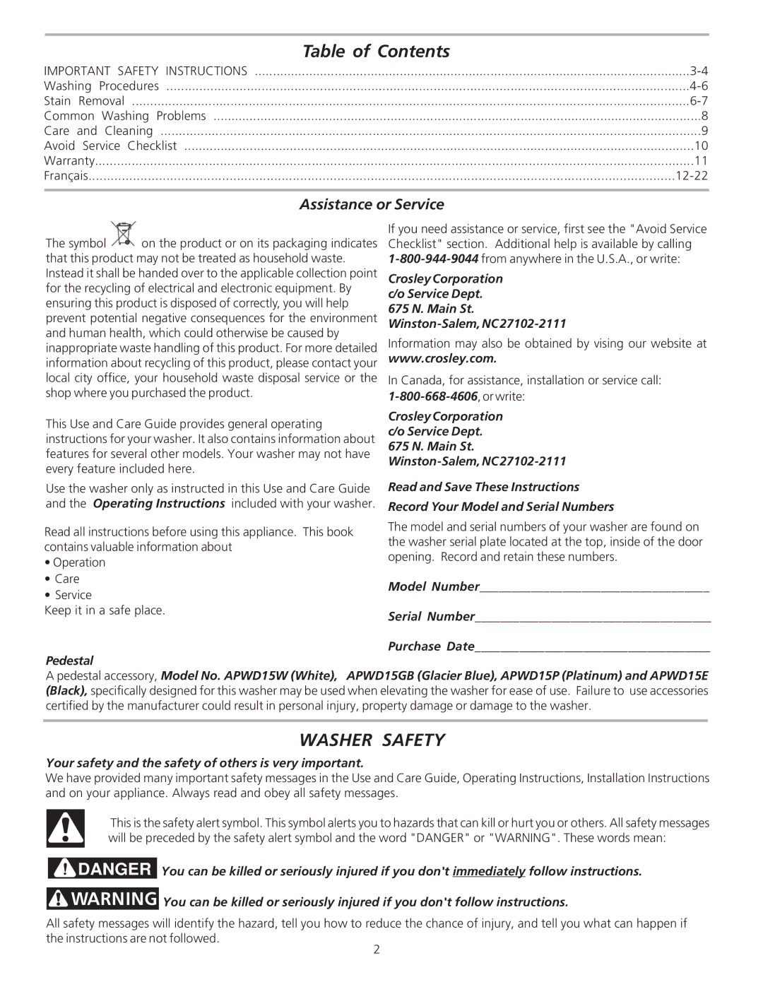 Crosley 134860400 manual Table of Contents, Washer Safety 