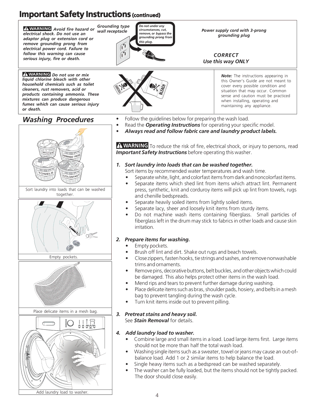 Crosley 134860400 Washing Procedures, Correct, Use this way only, Sort laundry into loads that can be washed together 