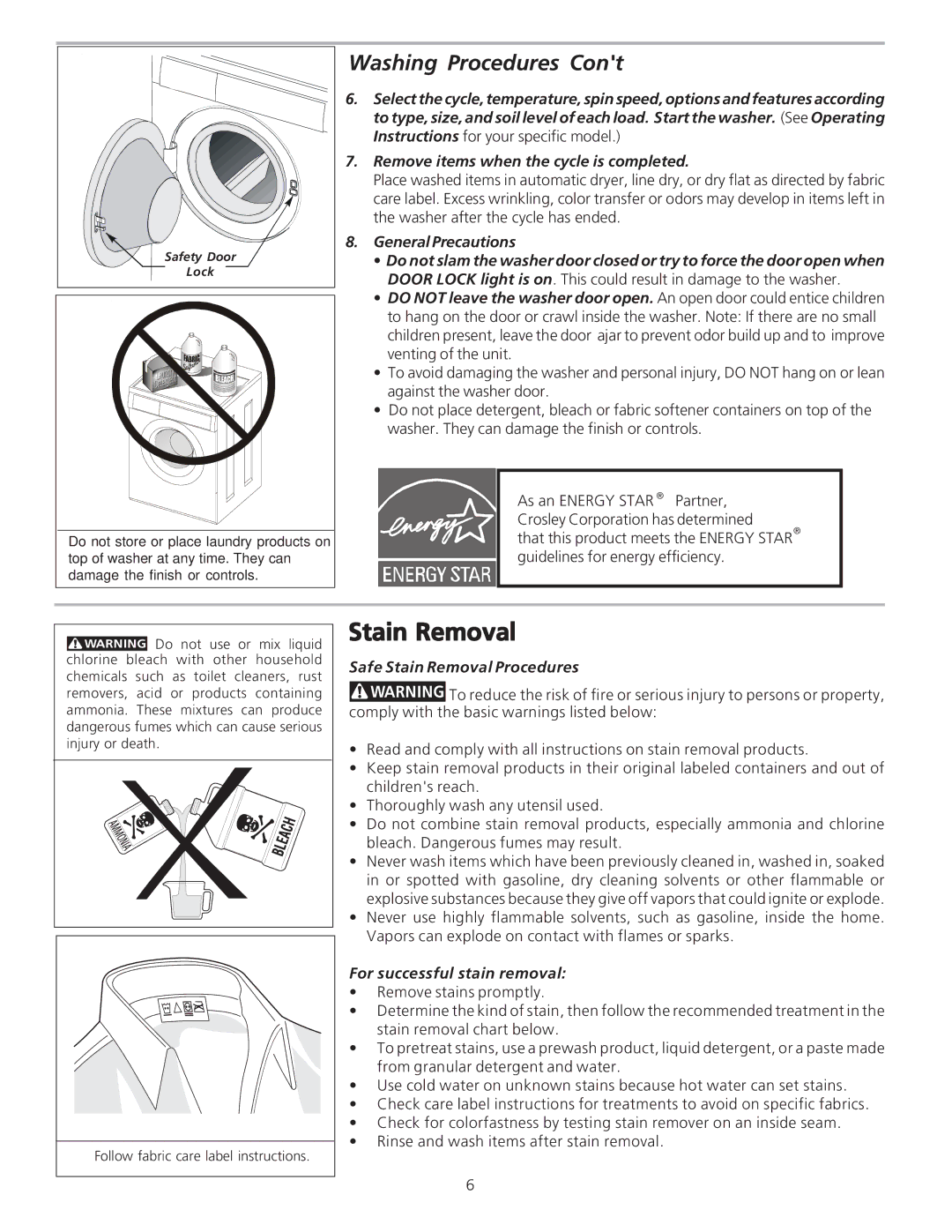 Crosley 134860400 manual General Precautions, Safe Stain Removal Procedures, For successful stain removal 