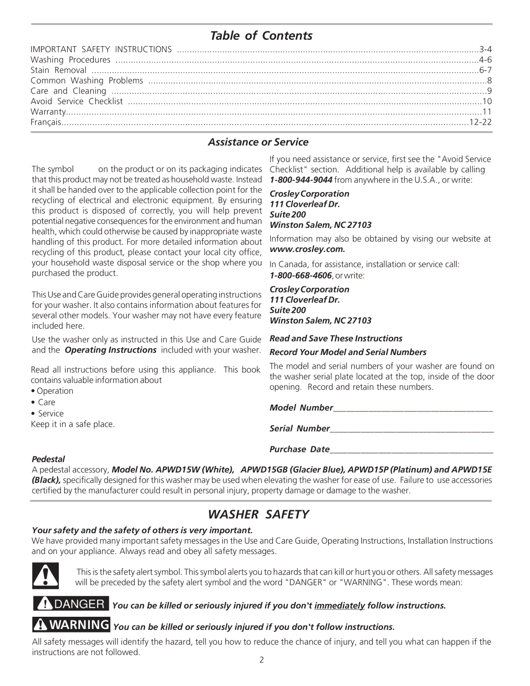 Crosley 134860400A manual Table of Contents, Washer Safety 