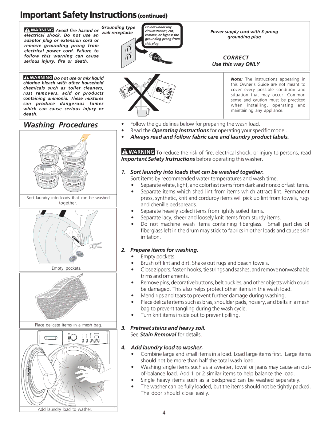 Crosley 134860400A Washing Procedures, Correct, Use this way only, Sort laundry into loads that can be washed together 