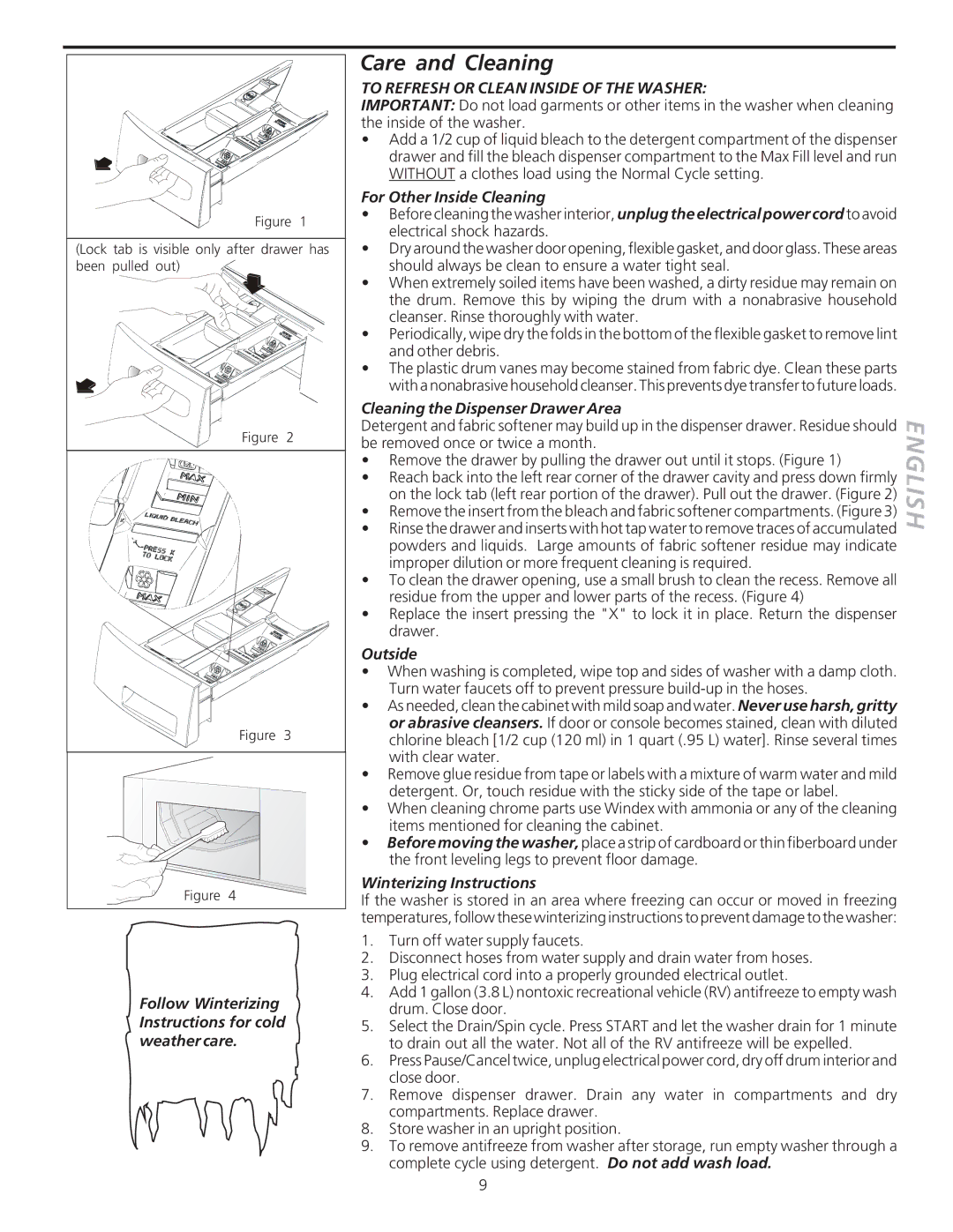 Crosley 134860400A manual Care and Cleaning, To Refresh or Clean Inside of the Washer 