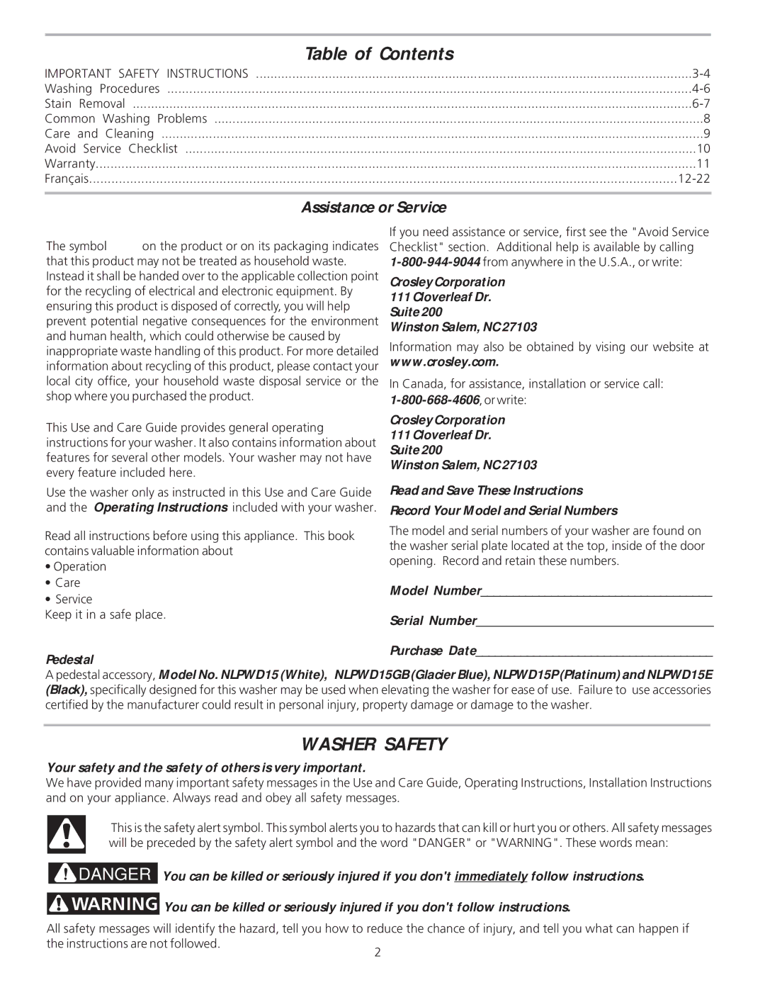 Crosley 134874800A manual Table of Contents, Washer Safety 