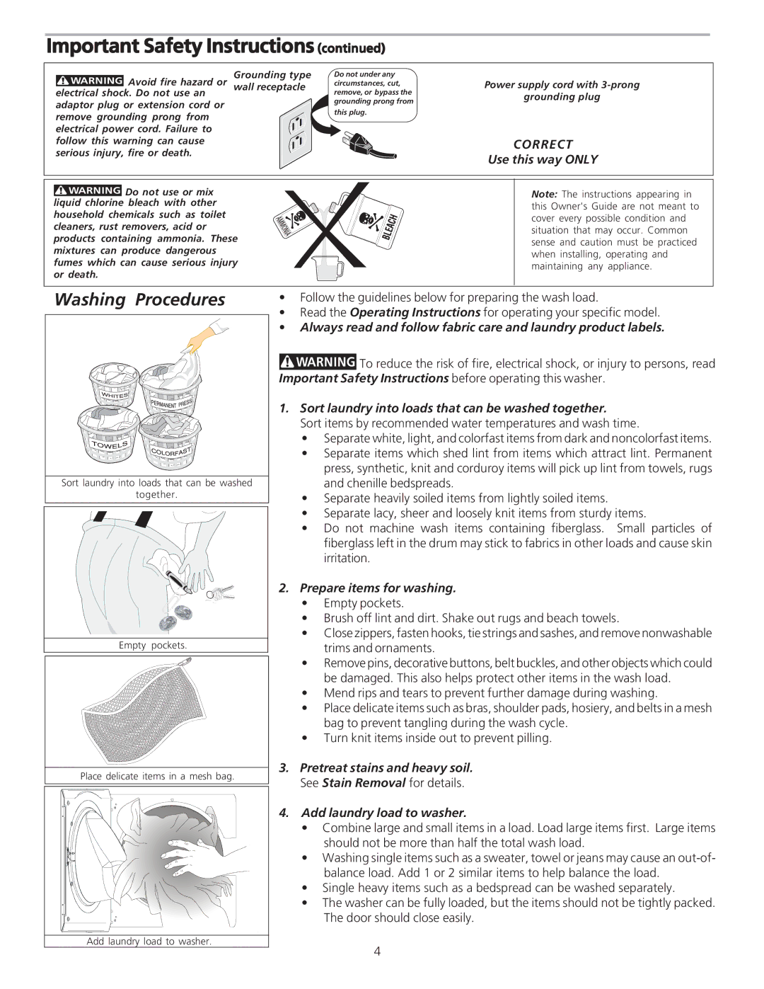 Crosley 134874800A Washing Procedures, Correct, Use this way only, Sort laundry into loads that can be washed together 