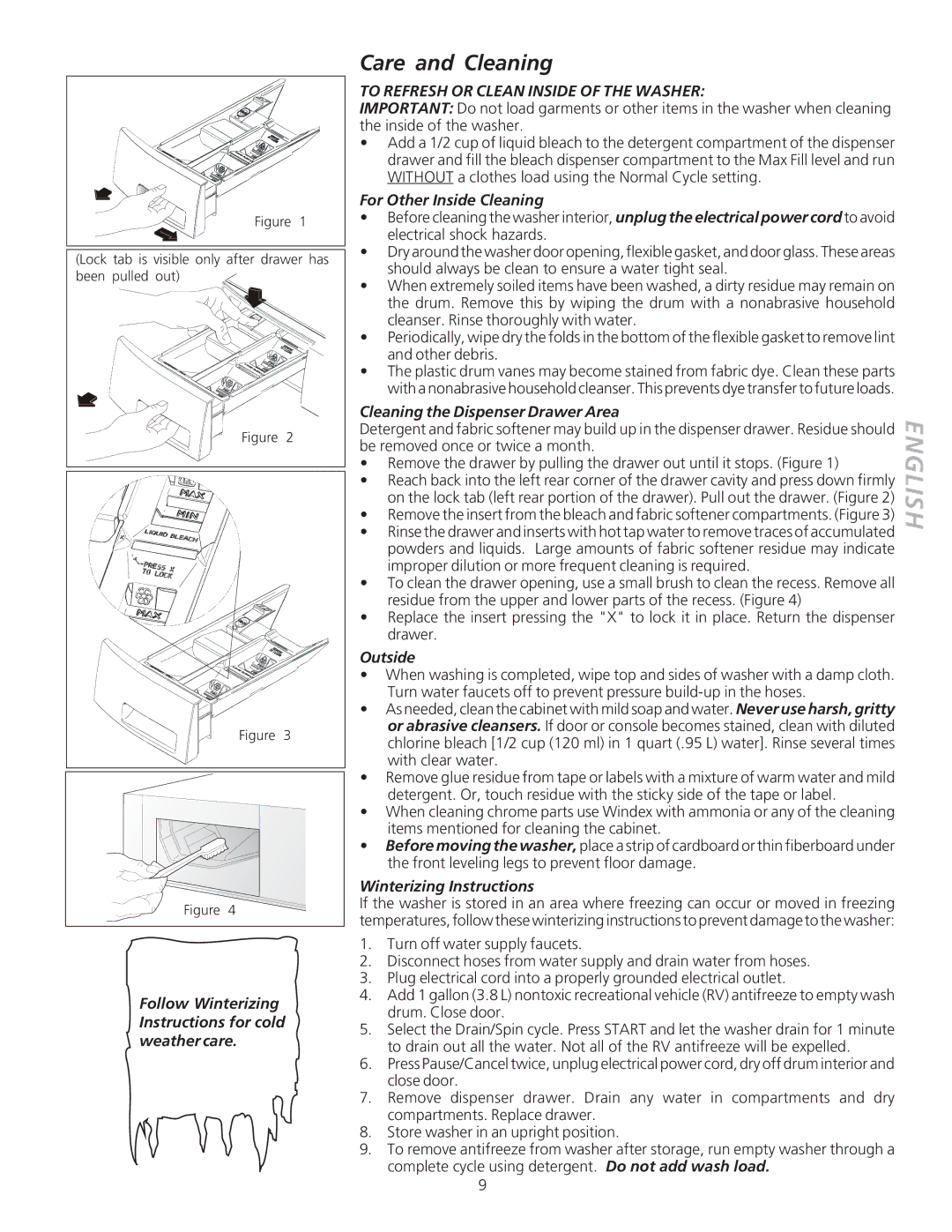 Crosley 134874800A manual Care and Cleaning, To Refresh or Clean Inside of the Washer 