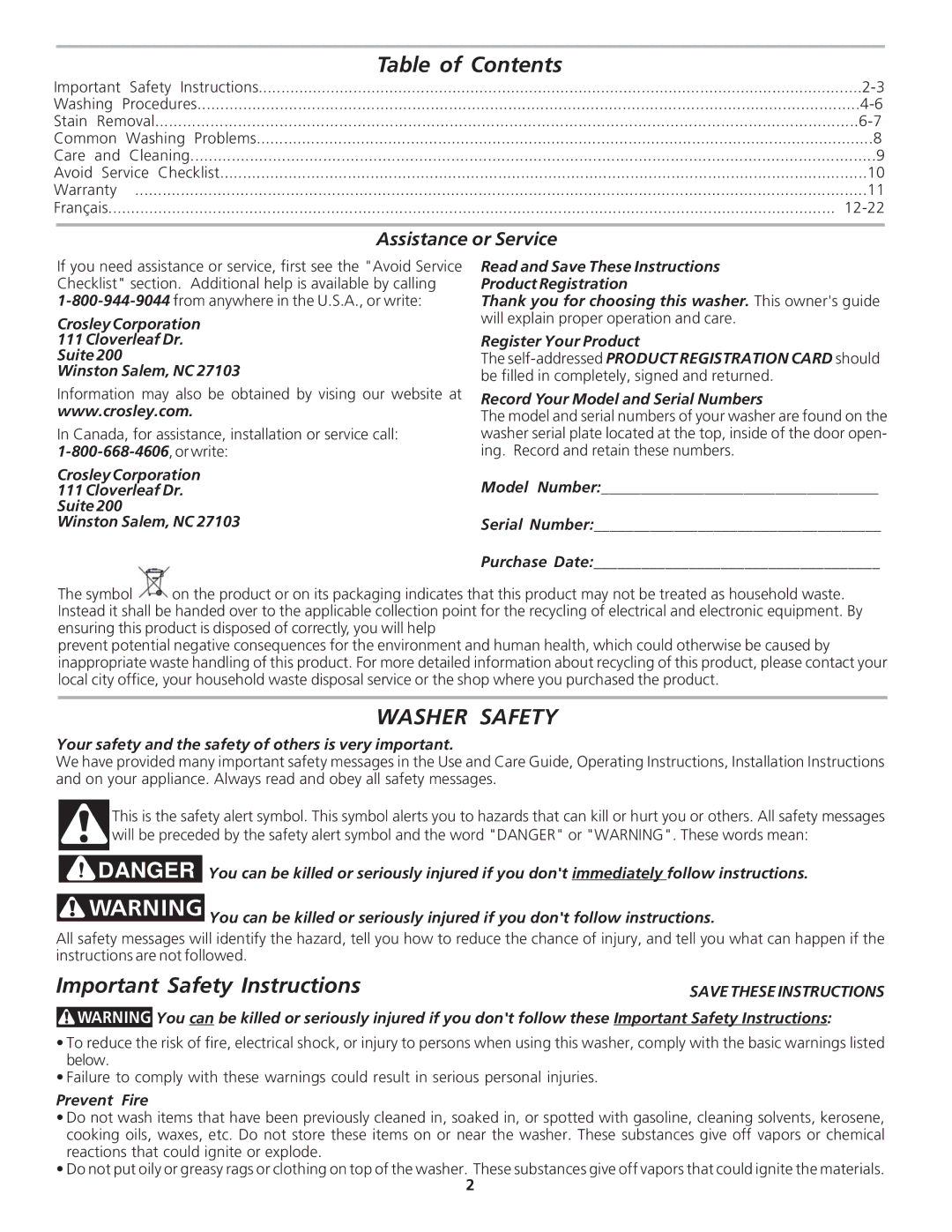 Crosley 134888600A manual Washer Safety 