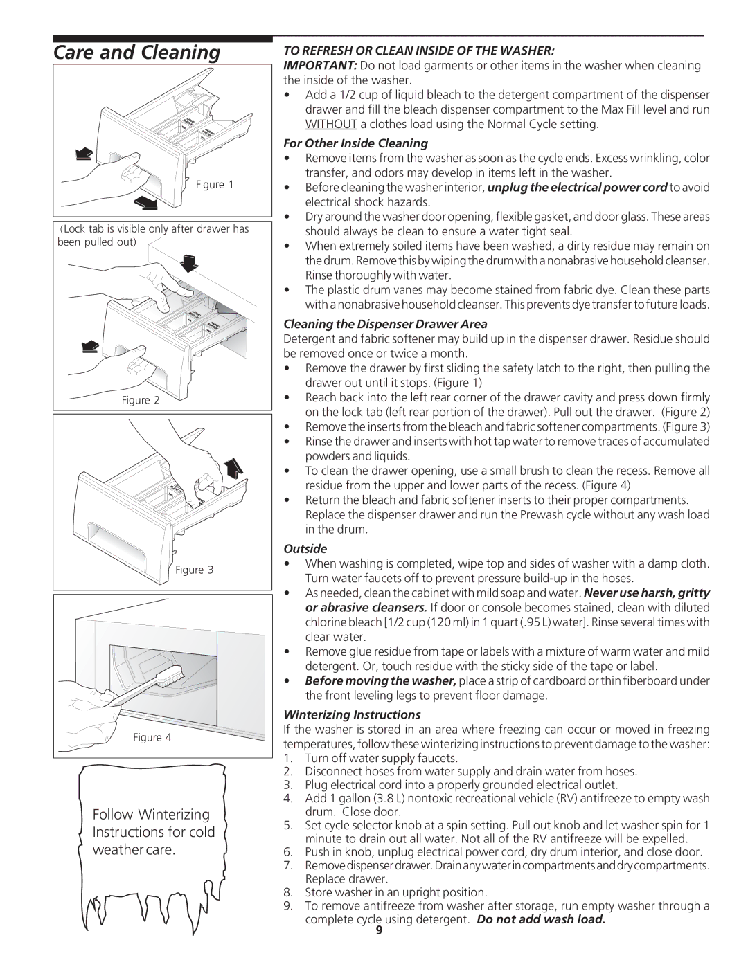 Crosley 134888600A manual Care and Cleaning, To Refresh or Clean Inside of the Washer 