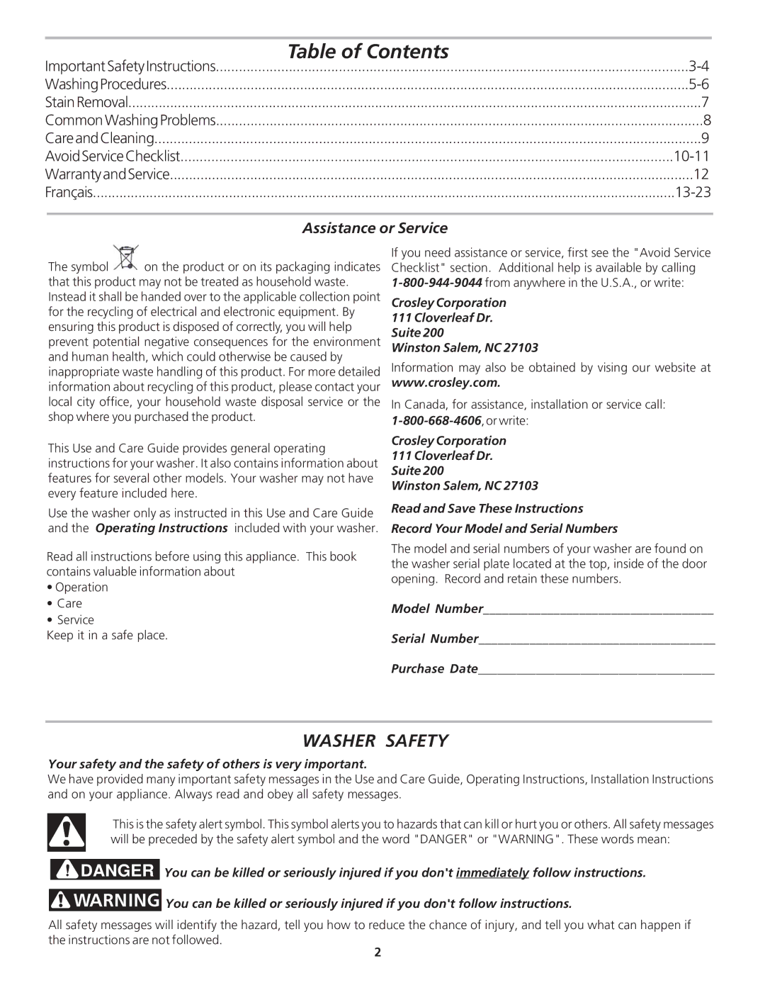 Crosley 134894000A manual Table of Contents 