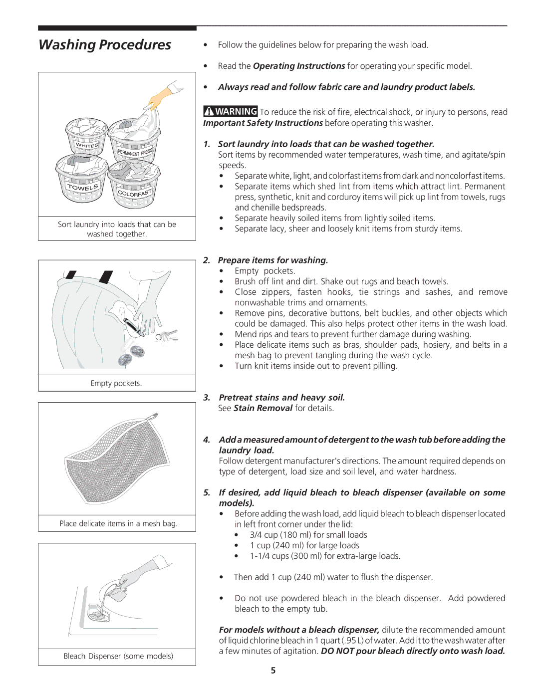 Crosley 134894000A Washing Procedures, Sort laundry into loads that can be washed together, Prepare items for washing 