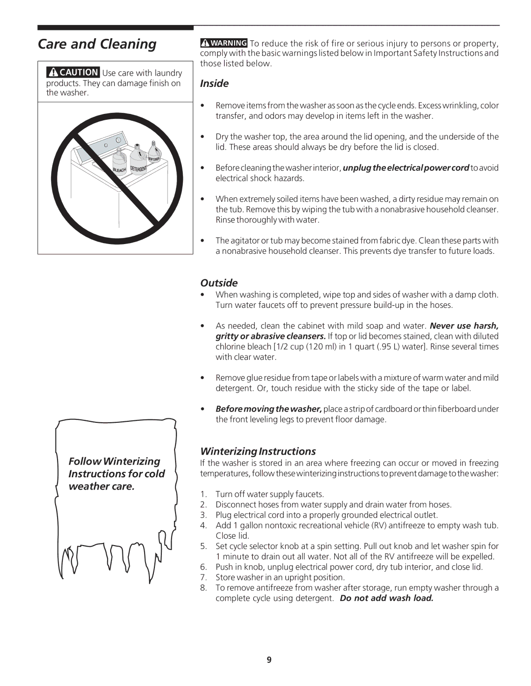 Crosley 134894000A manual Care and Cleaning, Follow Winterizing Instructions for cold weather care, Inside, Outside 