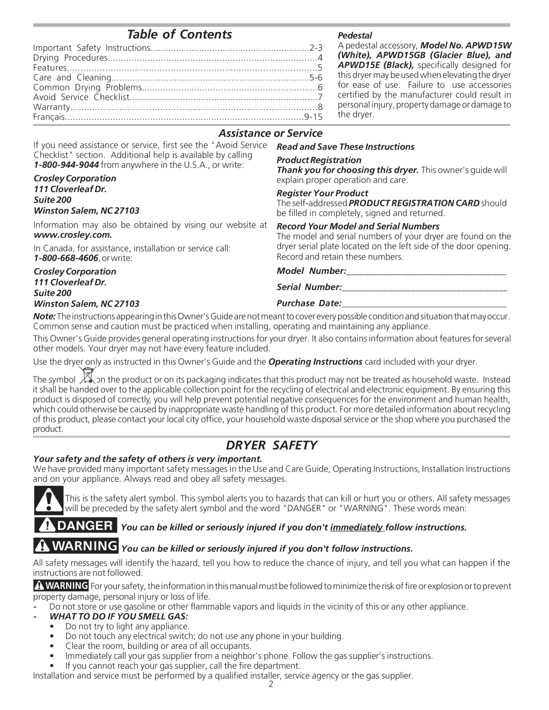 Crosley 134993900A manual Table of Contents, Dryer Safety 