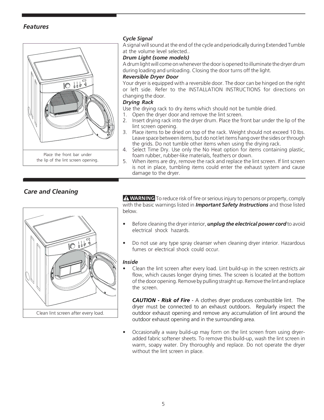 Crosley 134993900A manual Features, Care and Cleaning 