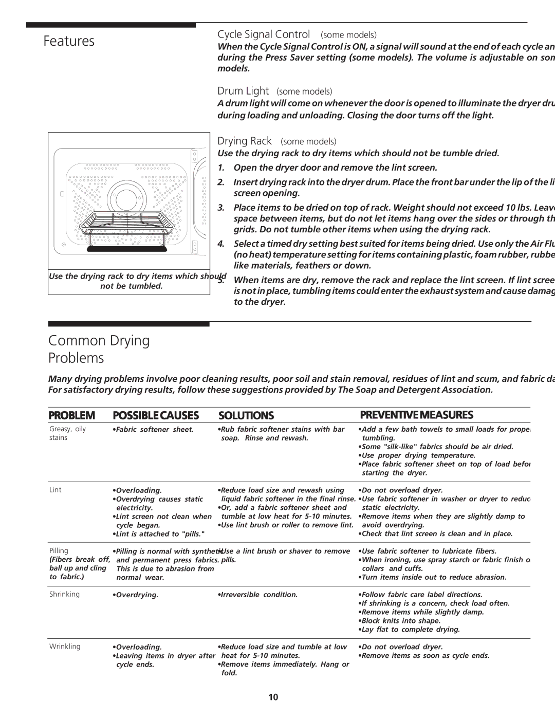 Crosley 1P/N13488880 manual Features, Common Drying Problems, Cycle Signal Control some models, Drum Light some models 