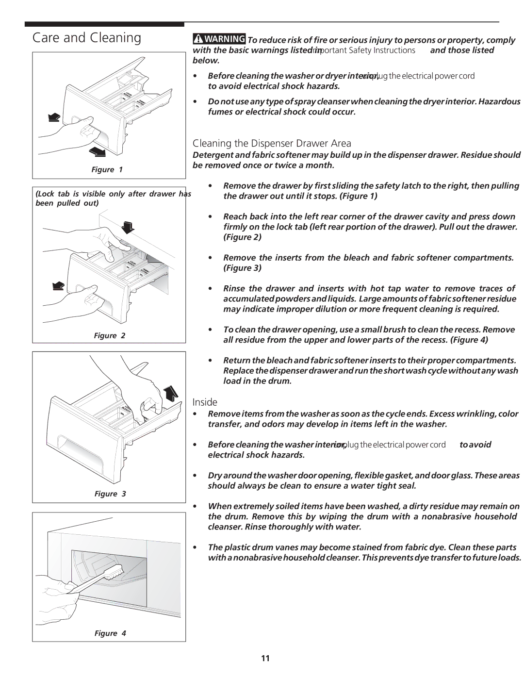 Crosley 1P/N13488880 manual Care and Cleaning, Cleaning the Dispenser Drawer Area, Inside 