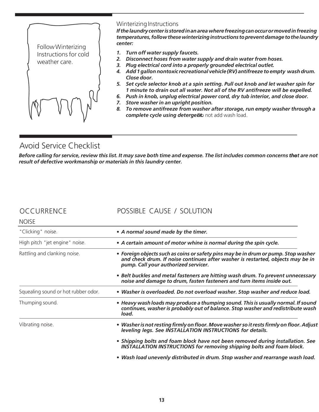 Crosley 1P/N13488880 manual Avoid Service Checklist, Follow Winterizing Instructions for cold weather care, Noise 