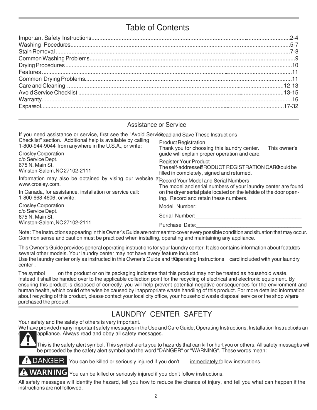 Crosley 1P/N13488880 manual Table of Contents 