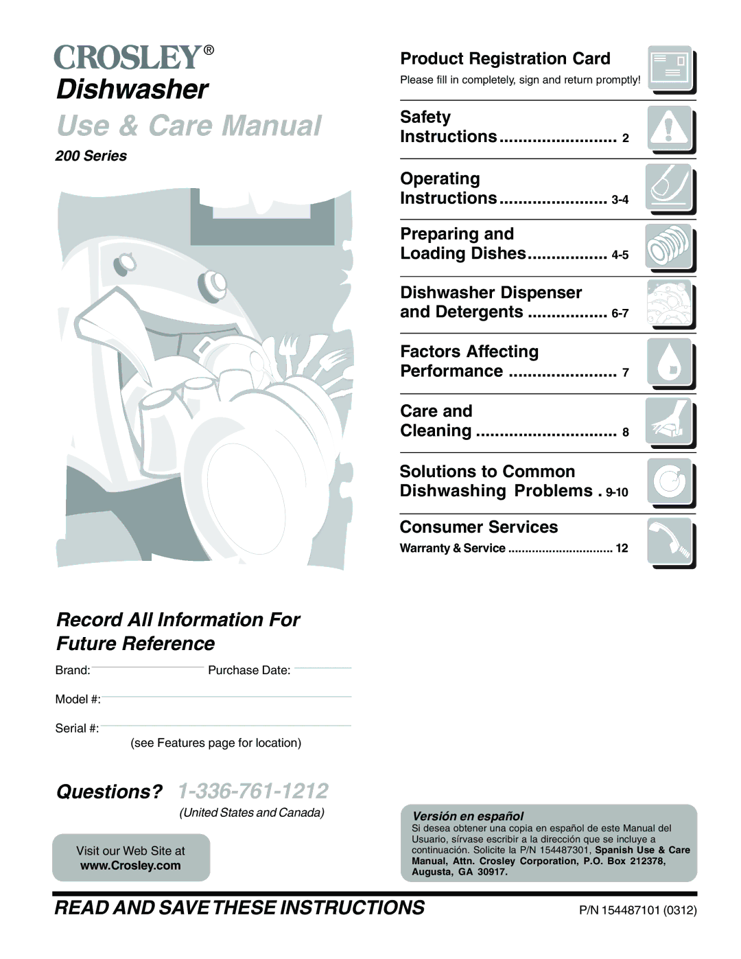 Crosley 200 Series warranty Product Registration Card, Safety, Care 