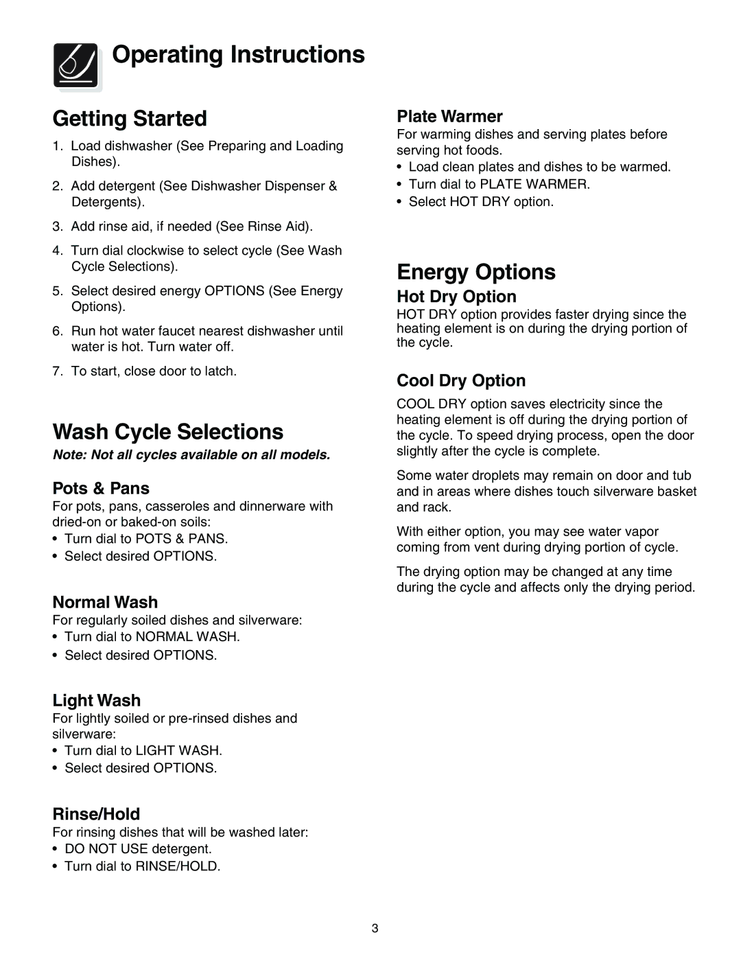 Crosley 200 Series warranty Operating Instructions, Getting Started, Wash Cycle Selections, Energy Options 