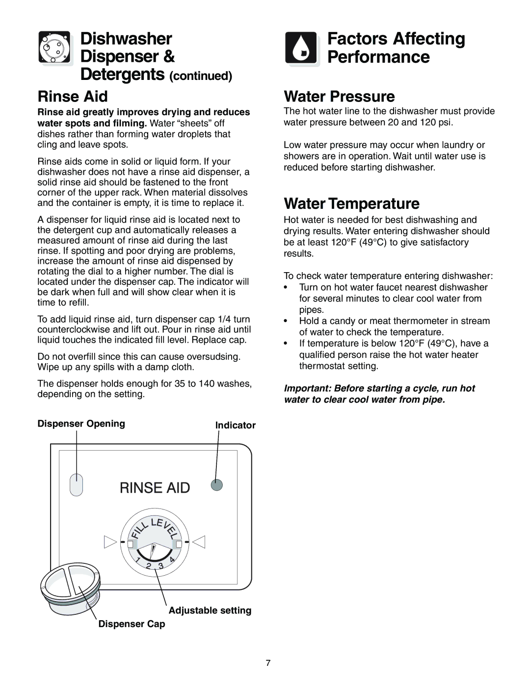 Crosley 200 Series warranty Dishwasher Dispenser Detergents, Factors Affecting Performance, Rinse Aid, Water Pressure 