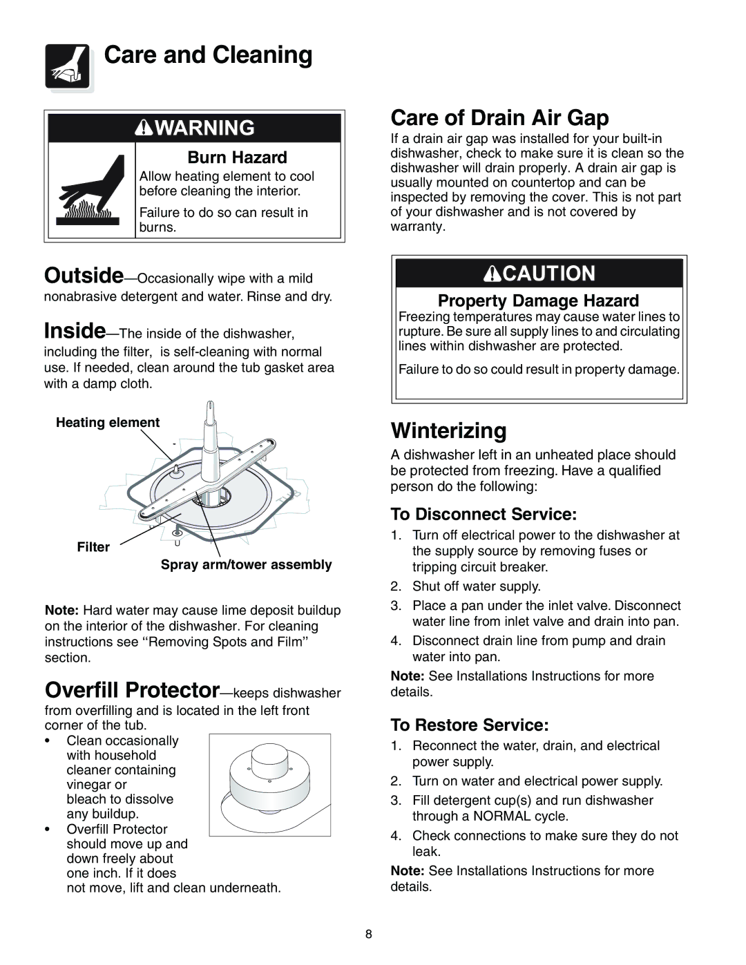 Crosley 200 Series warranty Care and Cleaning, Overfill Protector-keeps dishwasher, Care of Drain Air Gap, Winterizing 