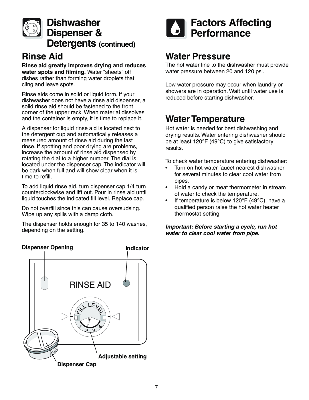 Crosley 200 Series Dishwasher Dispenser Detergents continued, Factors Affecting Performance, Rinse Aid, Water Pressure 