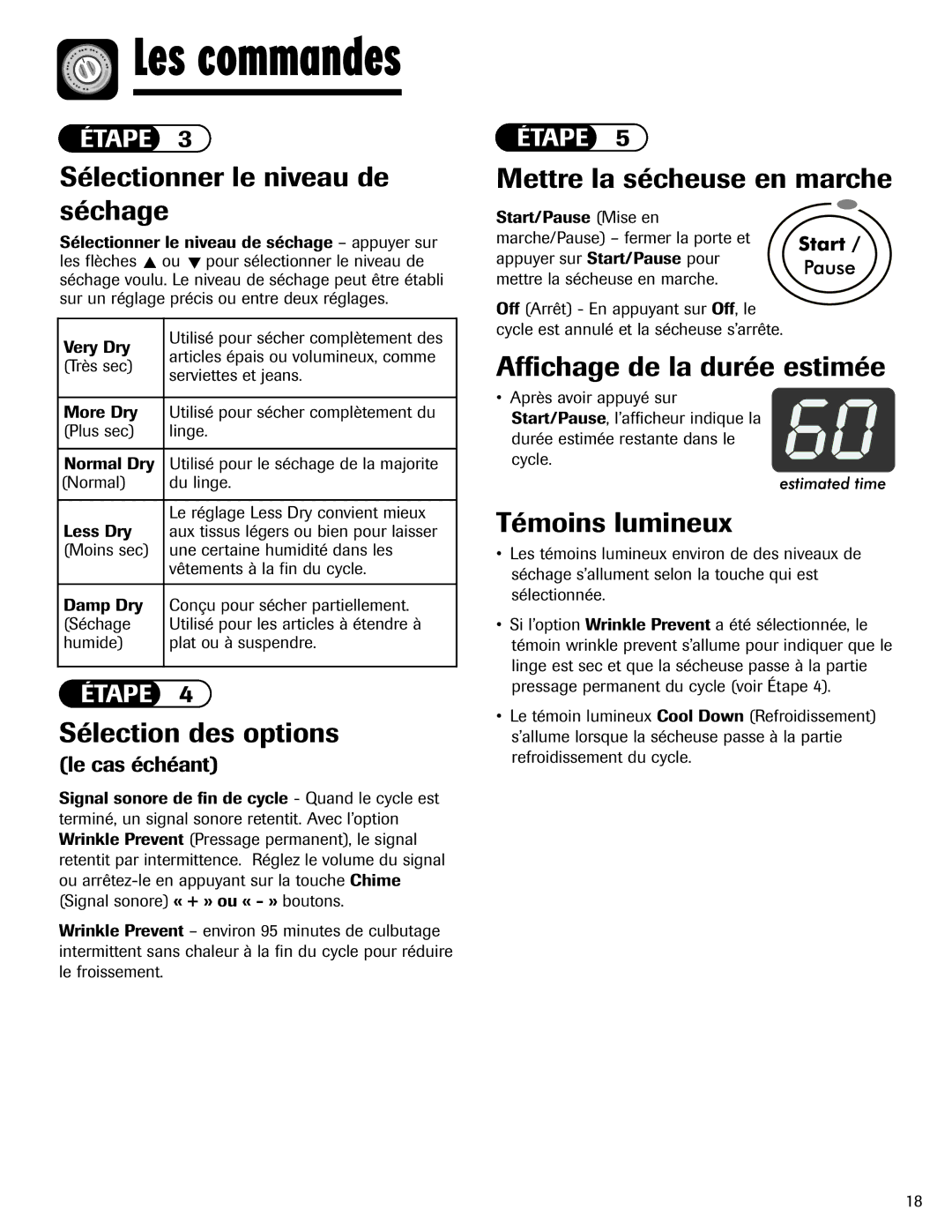 Crosley 2206691 Sélectionner le niveau de séchage, Sélection des options, Mettre la sécheuse en marche, Témoins lumineux 