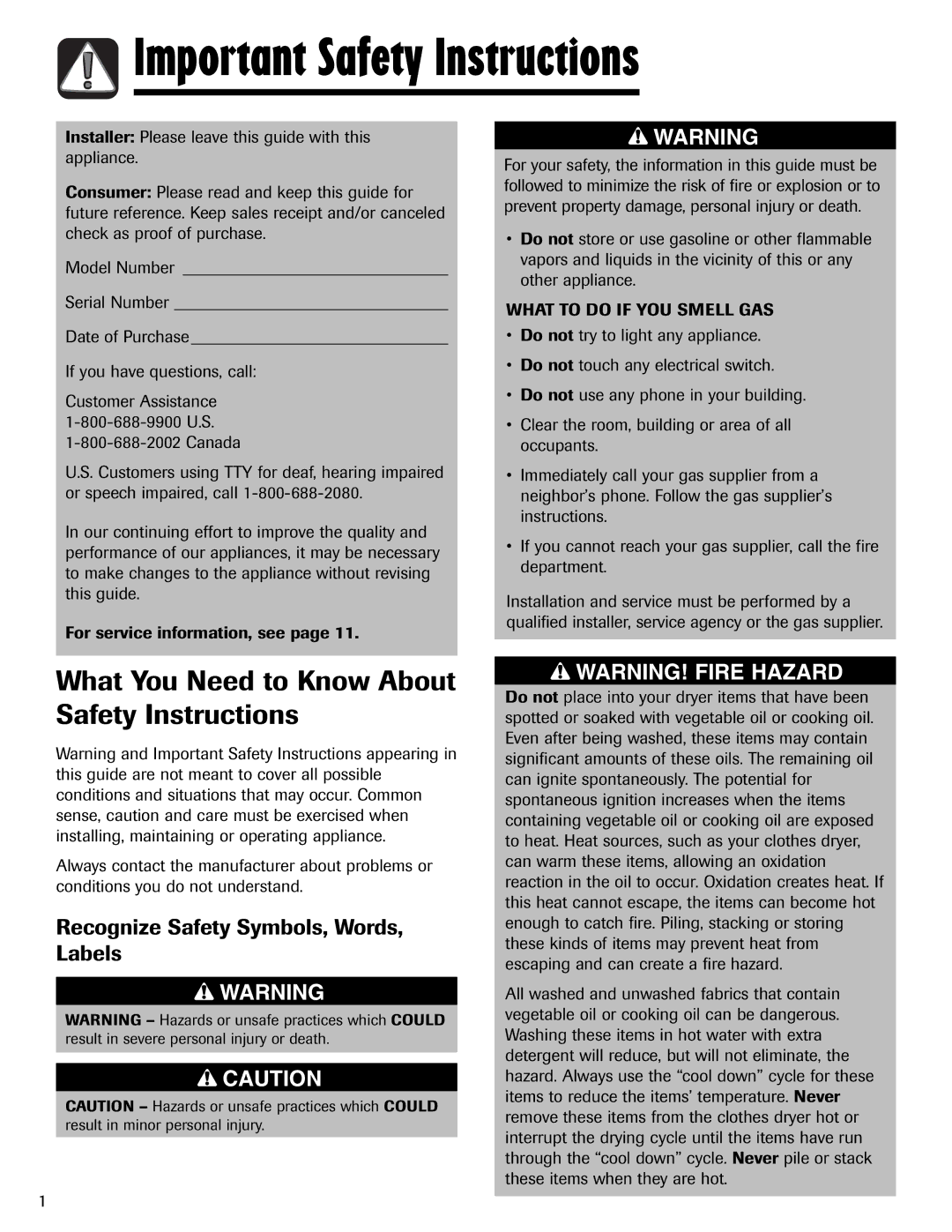 Crosley 2206691 warranty Important Safety Instructions, What You Need to Know About Safety Instructions 