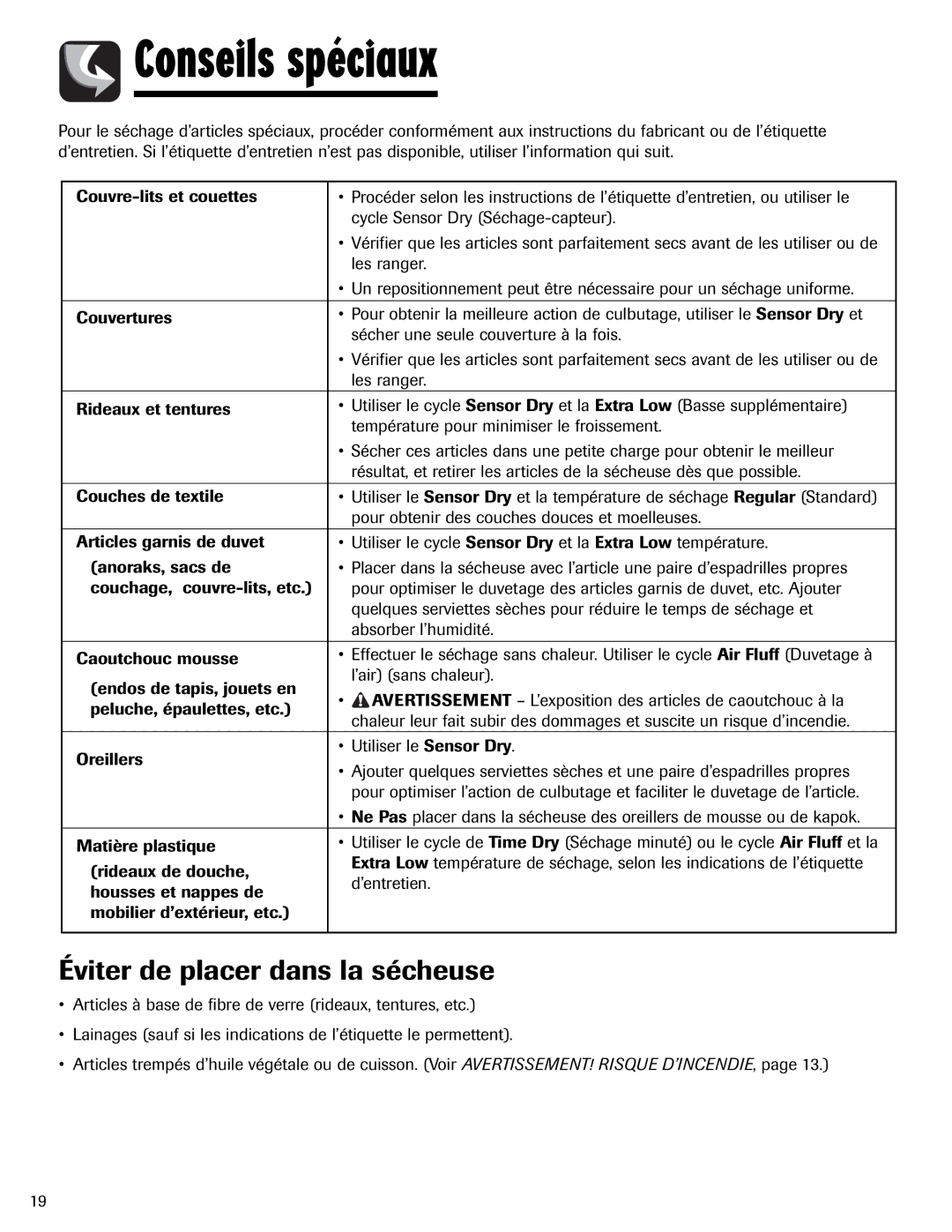 Crosley 2206691 warranty Conseils spéciaux, Éviter de placer dans la sécheuse 