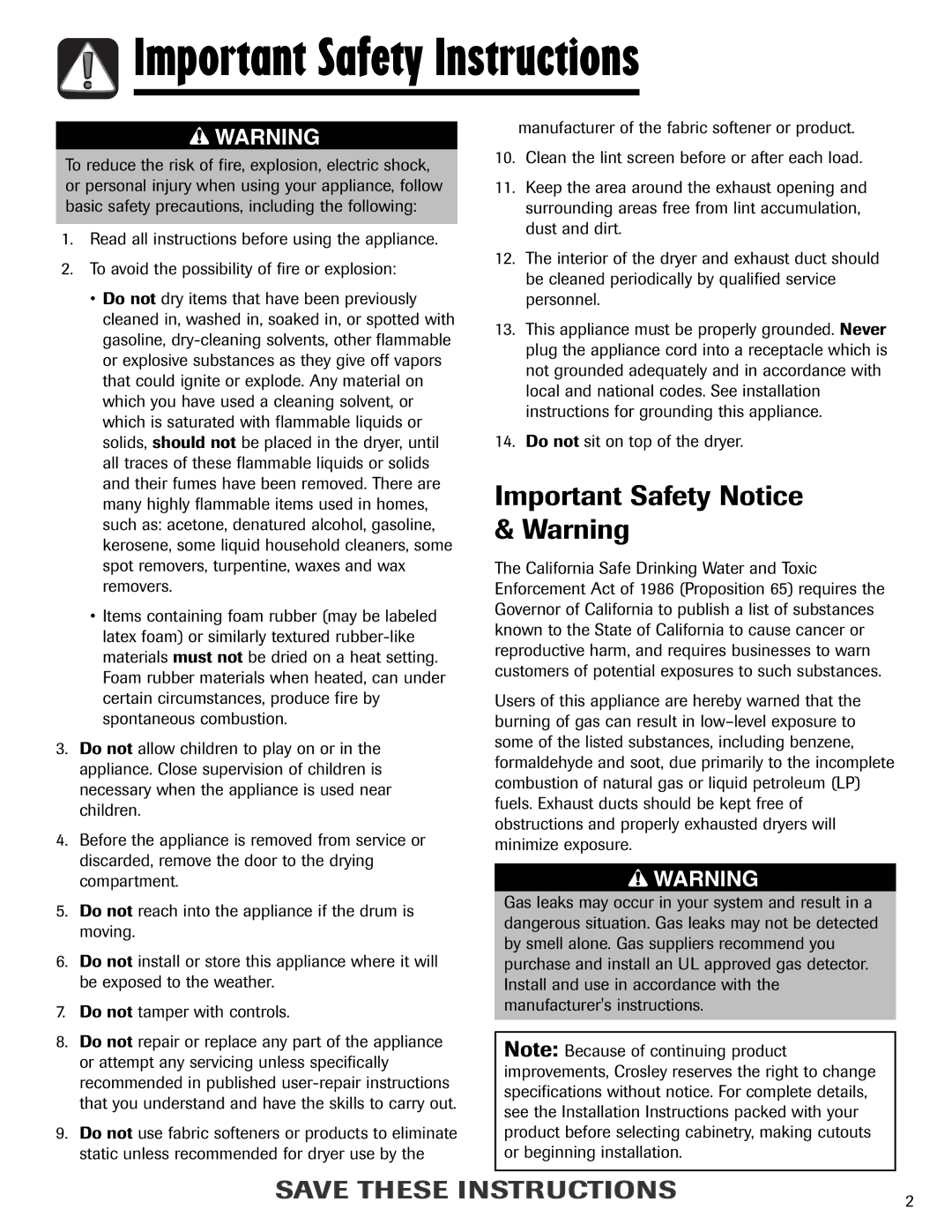 Crosley 2206691 warranty Important Safety Notice & Warning 