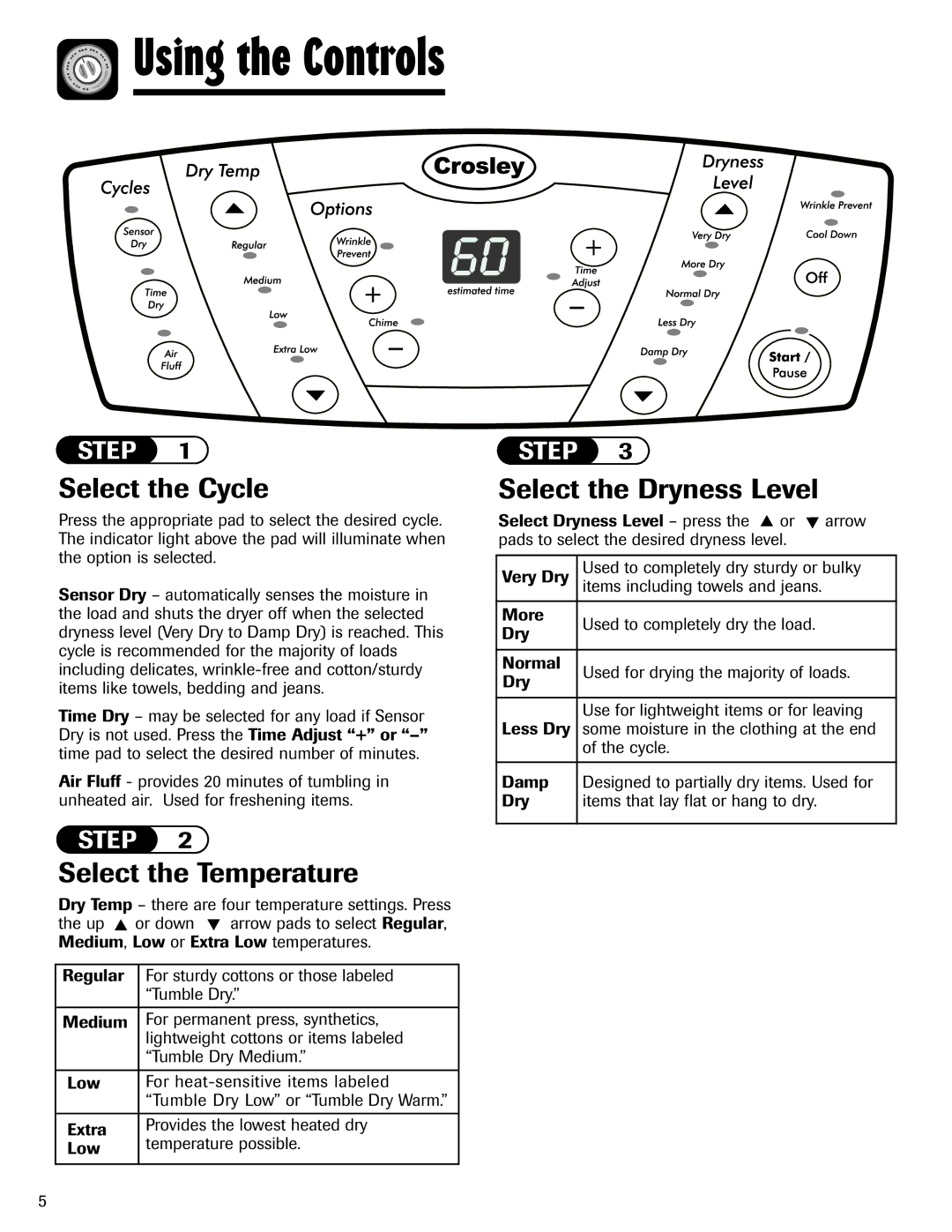 Crosley 2206691 warranty Using the Controls, Select the Cycle, Select the Temperature, Select the Dryness Level 