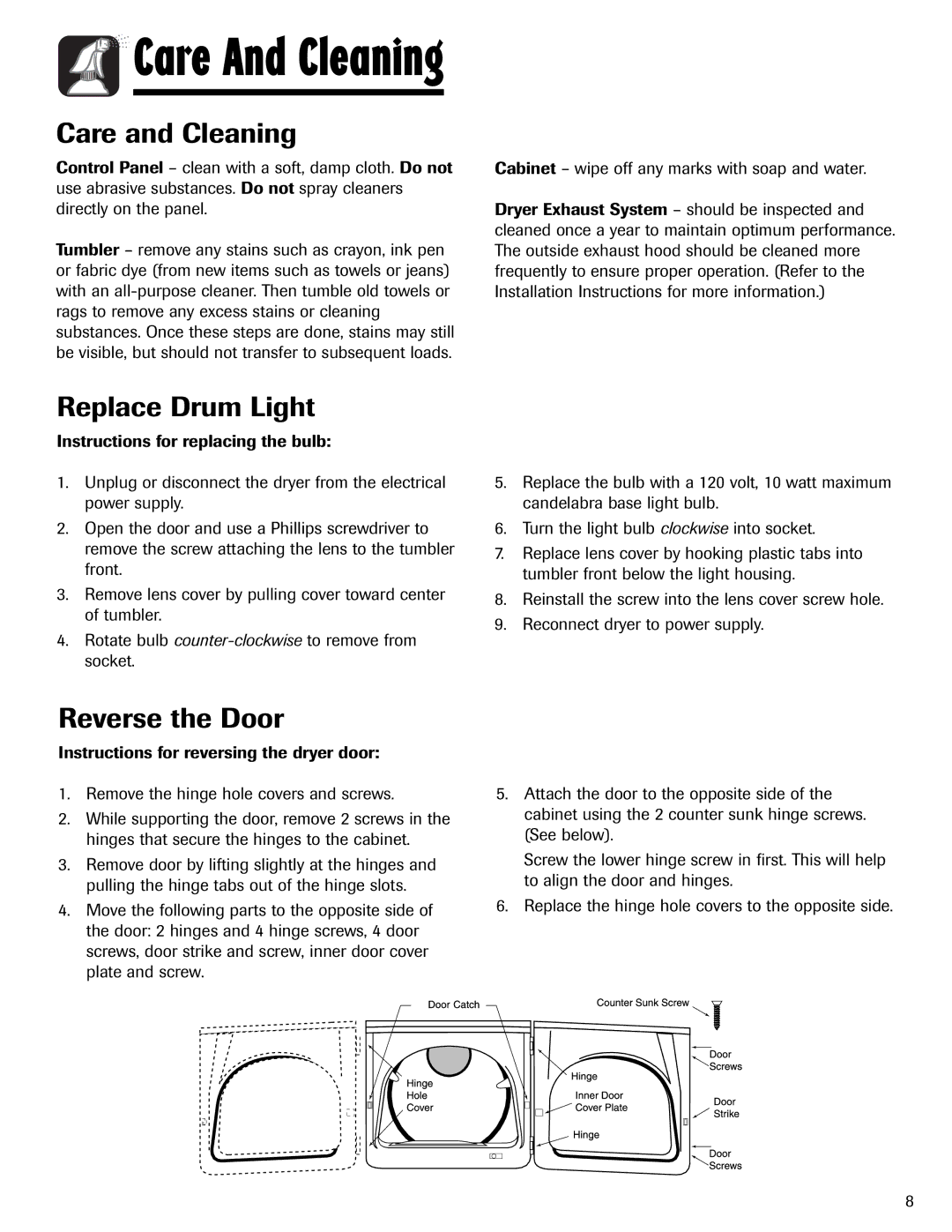 Crosley 2206691 warranty Care and Cleaning, Replace Drum Light, Reverse the Door 