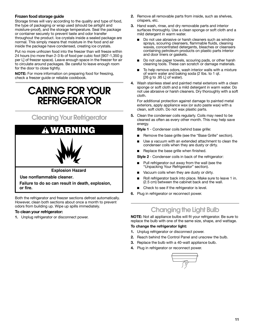 Crosley 2209920 manual Caring for Your Refrigerator, Cleaning Your Refrigerator, Changing the Light Bulb 