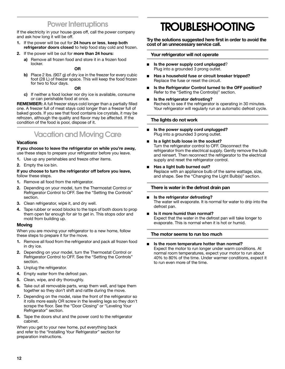 Crosley 2209920 manual Troubleshooting, Power Interruptions, Vacation and Moving Care 