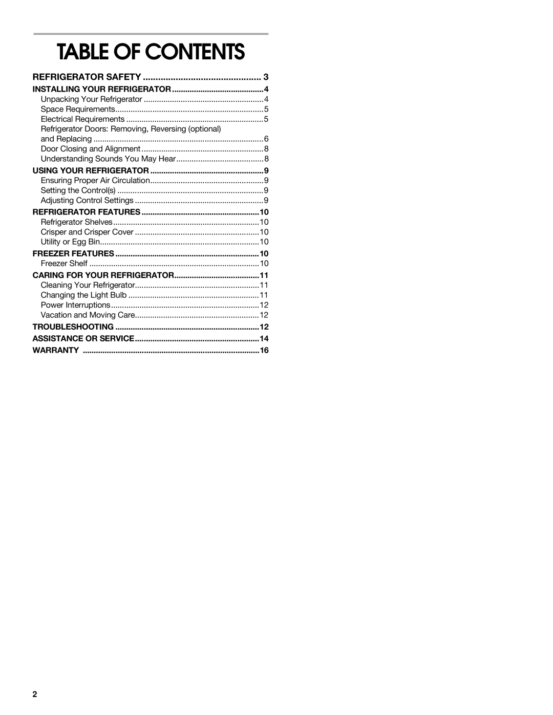 Crosley 2209920 manual Table of Contents 