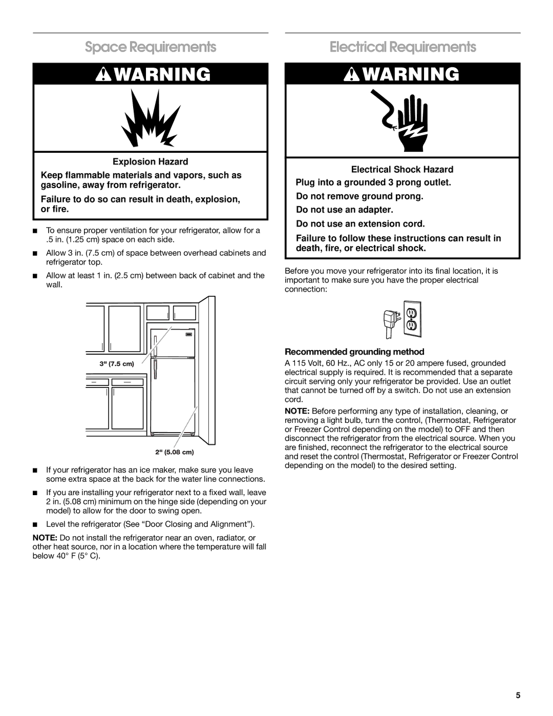 Crosley 2209920 manual Space Requirements, Electrical Requirements, Recommended grounding method 