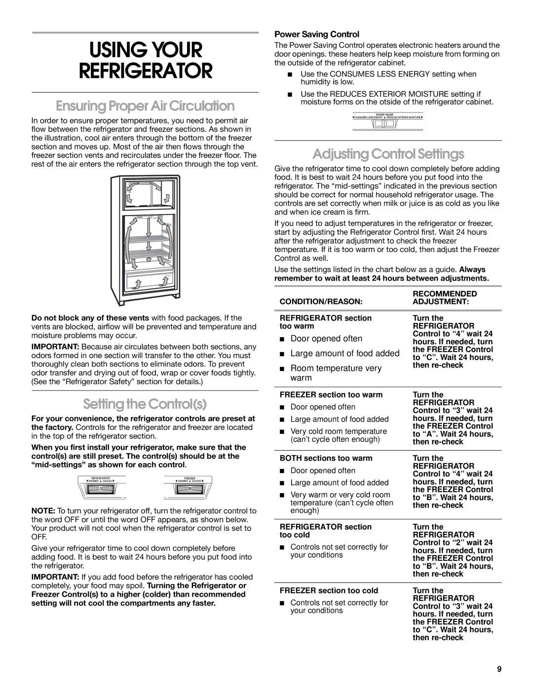 Crosley 2209920 Using Your Refrigerator, Ensuring Proper Air Circulation, Setting the Controls, Adjusting Control Settings 