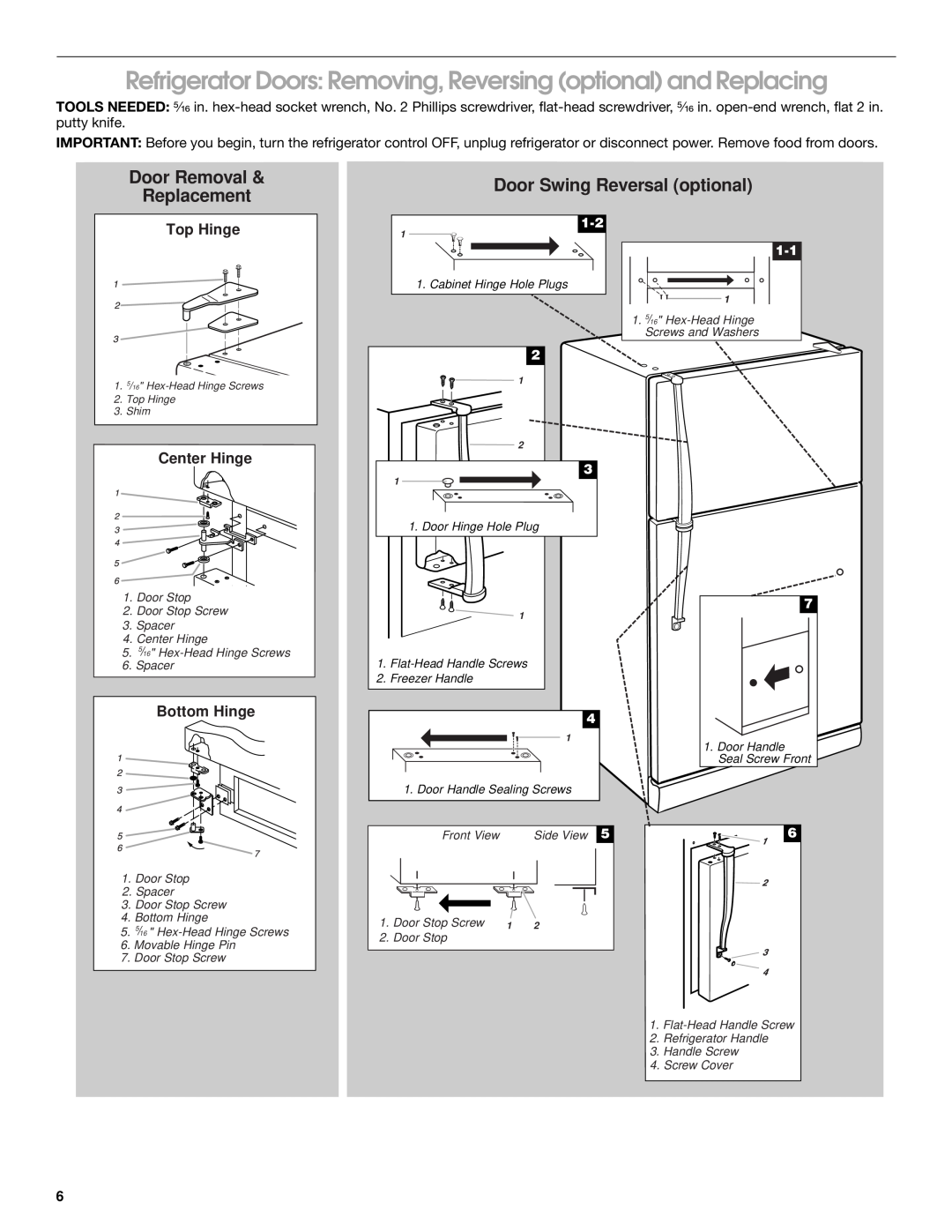 Crosley 2209920 manual Refrigerator Doors Removing, Reversing optional and Replacing, Door Removal Replacement, Top Hinge 