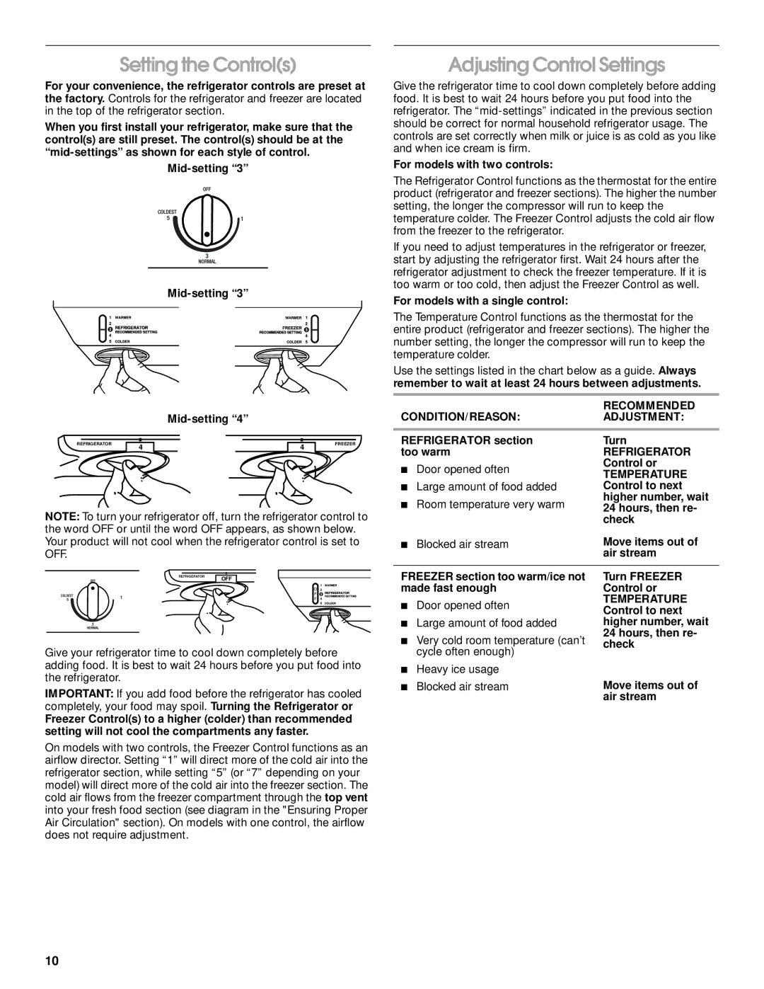 Crosley 2212430 manual Setting the Controls, Adjusting Control Settings 