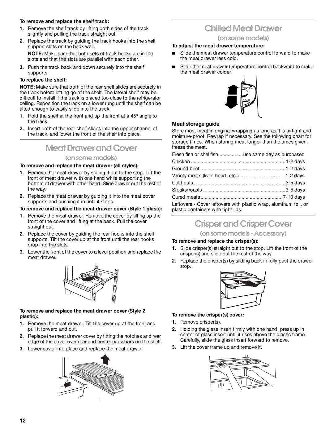 Crosley 2212430 manual Meat Drawer and Cover, Chilled Meat Drawer, Crisper and Crisper Cover, Meat storage guide 