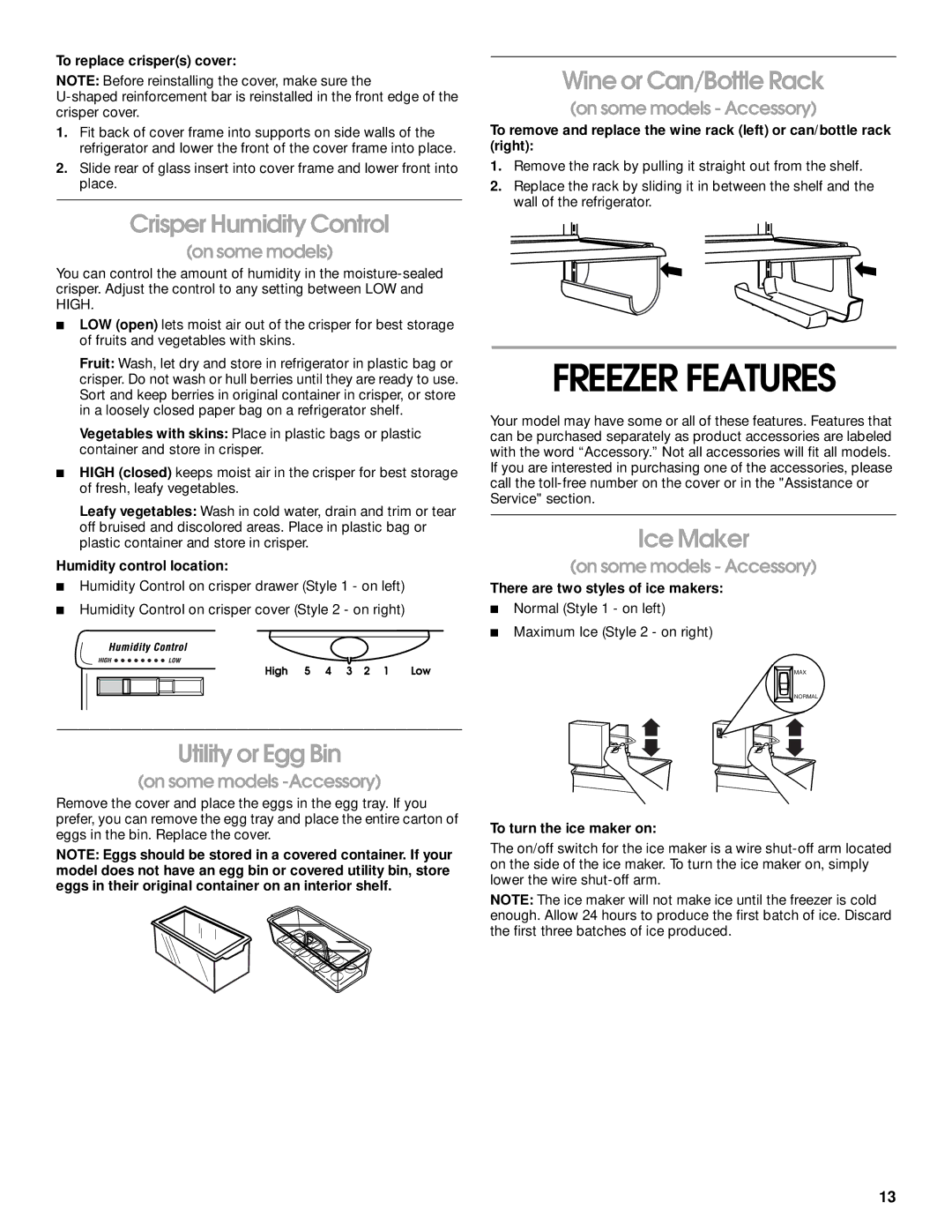 Crosley 2212430 manual Freezer Features, Crisper Humidity Control, Wine or Can/Bottle Rack, Ice Maker, Utility or Egg Bin 