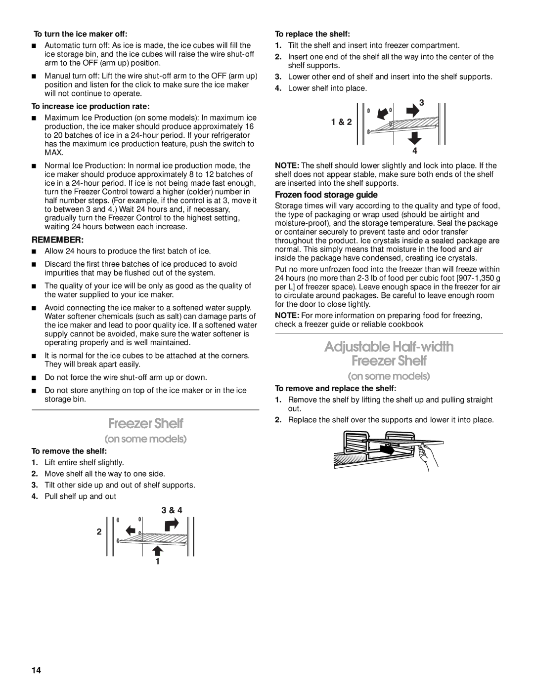 Crosley 2212430 manual Adjustable Half-width Freezer Shelf, Frozen food storage guide 