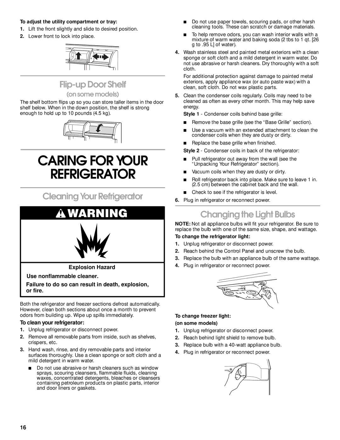 Crosley 2212430 Caring for Your Refrigerator, Flip-up Door Shelf, Cleaning Your Refrigerator, Changing the Light Bulbs 