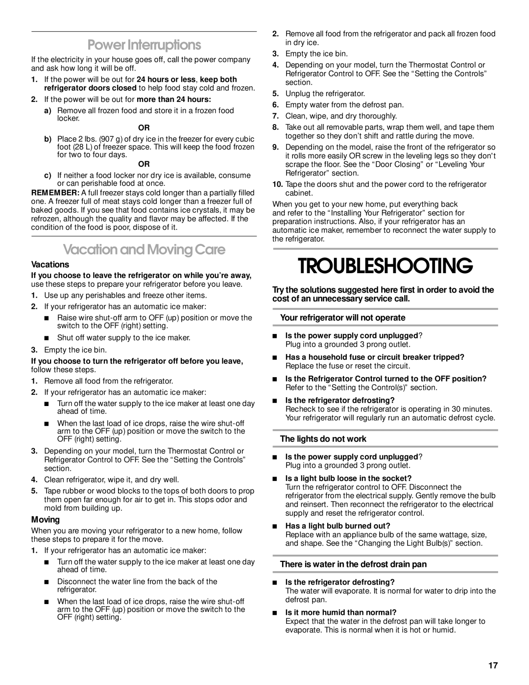 Crosley 2212430 manual Troubleshooting, Power Interruptions, Vacation and Moving Care 